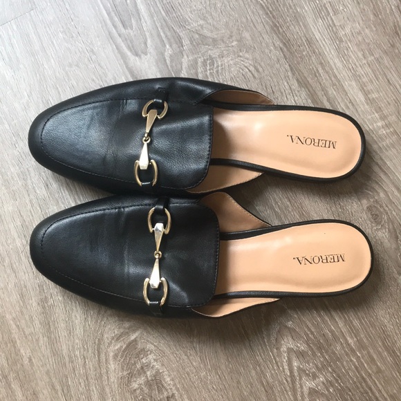 Merona Shoes - Black mules with gold hardware